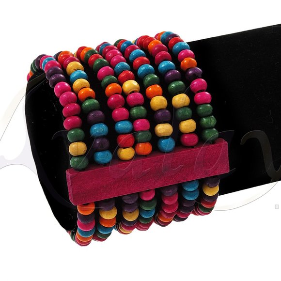 Ethnic African Artisan Made Wooden Bead 10 Row Stretch Bracelet NEW - Picture 5 of 6